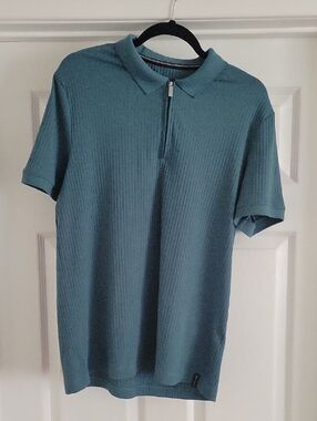 Perry Ellis Teal Short-Sleeve Ribbed Zip Polo